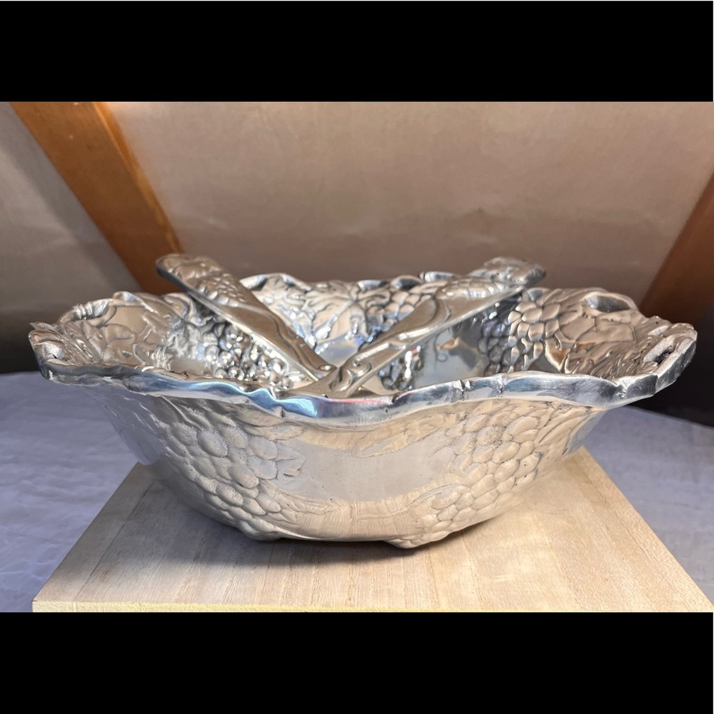 Vintage Metalware Serving Bowl w/ Utensils. Grapes and leaves pattern.